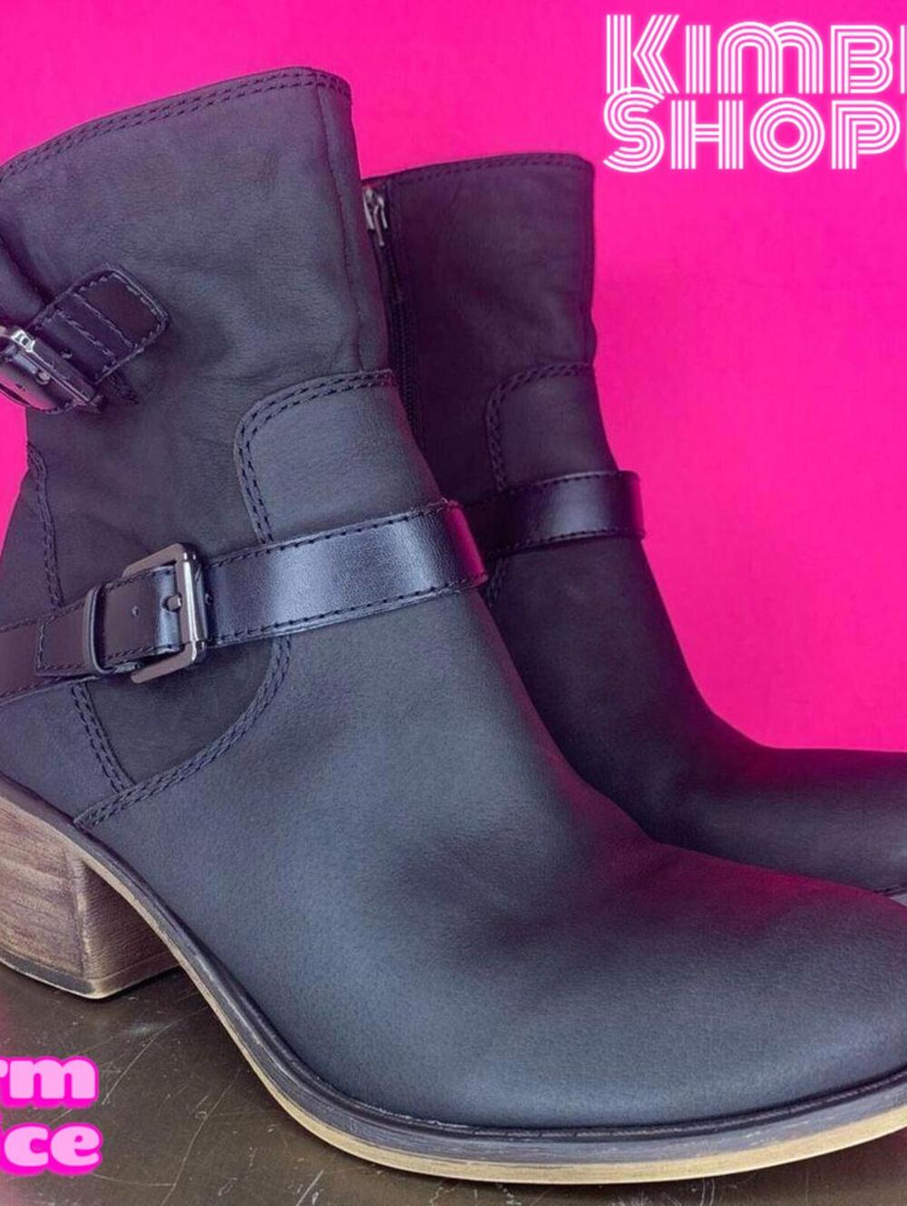 Franco Sarto Larisa 2 Black Leather Double Buckle Heeled Boots US 8.5 UK 6.5